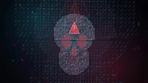 Digital Glitch Skull Animation with Red Glowing Triangle on Dark Cyberpunk Stock Footage 343169168