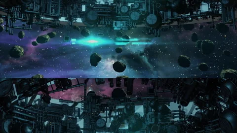 Digital Glitch Space Station with Asteroids in a Colorful Galaxy: A Metaver.. Stock Footage 309842322