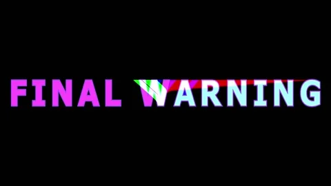 Digital glitch text FINAL WARNING with static and color bars on black backg.. Video stock 344035445