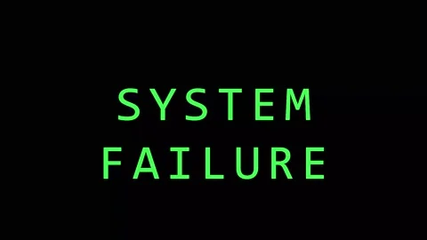 Digital glitch text SYSTEM FAILURE in green glowing neon on black screen wi.. Stock Footage 343412733