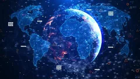 Digital global data Earth interface blue planet, world map, network lines, HUD m Stock Footage 340456748