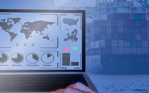 Digital Global Logistics Tracking System Interface Displaying Shipping Port.. Stock Photos