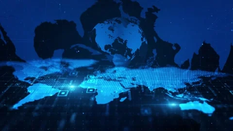Digital Global Map with Futuristic Earth Grid in Blue Cyber Network Style Stock Footage 339052074