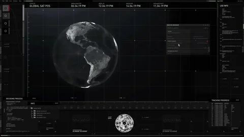 Digital Global Map Searching Via High Tech Satellite Surveillance System Stock Footage 162244405