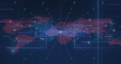 Digital global map showing data flow triggered by central flash, lines extending Stock Footage 313639616