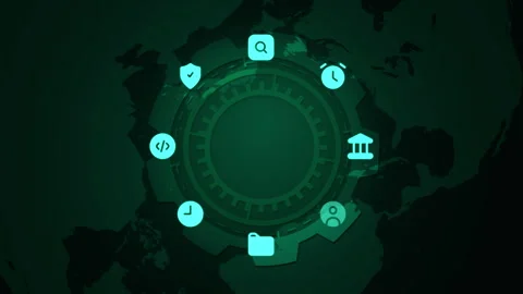 Digital Global Network with Gear Icons and Symbols on Green Map Vídeos de archivo 339240302