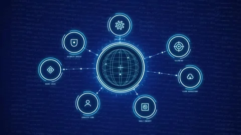 Digital global network interface showing connected data nodes on dark blue .. Stock Footage 347995419