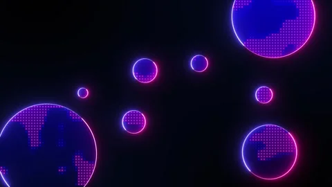 Digital global network, neon circles with pixelated world maps, data, technology Stock Footage 346984137