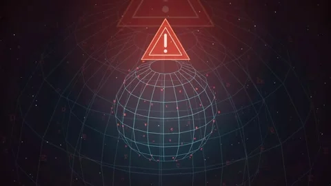 Digital Global Network with Red Warning Alert Symbol Over Rotating Wireframe Stock Footage 341828173