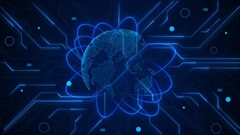 Digital global network technology background glowing earth sphere, blue circuit Stock Footage 340477687