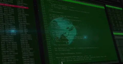Digital globe 3D render spinning in dark interface, showing code panels, Stock Footage 307434243