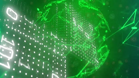 Digital globe and binary code data processing animation over green network Stock Footage 313018371
