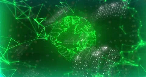 Digital globe and binary code data processing image over green network Illustrazione stock