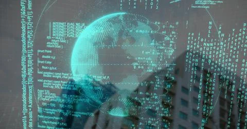 Digital globe and binary code image over cityscape background 库存照片