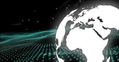 Digital globe and data points image over dark background Illustrazione stock