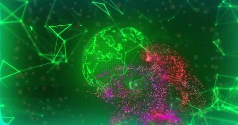 Digital globe and data points image over green and red abstract background Stock Photos