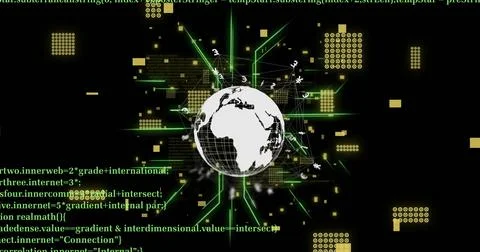 Digital globe and data processing image with green lines and yellow squares Foto stock