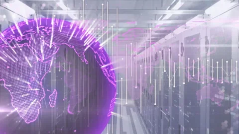 Digital globe and data visualization animation over servers in data center Stock Footage 304101826