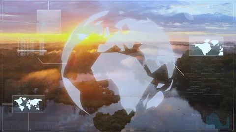 Digital Globe and HUD Graphics on Aerial View of Scenic Sunrise Above Lake 写真素材