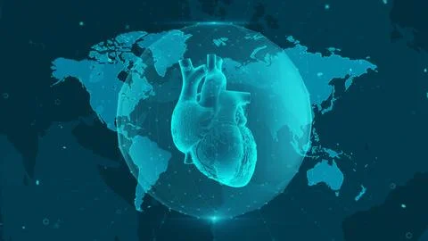 Digital Globe and Human Heart Concept of Global Healthcare and Technology Fusion Illustrazione stock
