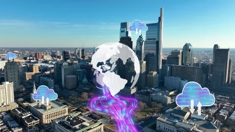 Digital globe and vibrant data streams flowing into cloud icons. Rapid Stock Footage 261820070