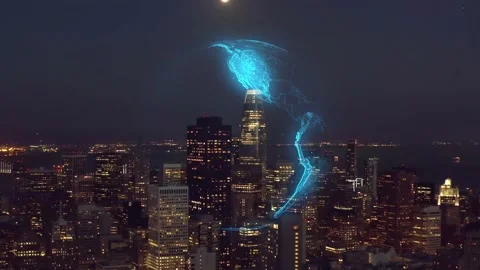 Digital globe animation on a night time city background - 3d Motion Stock Footage 141188087