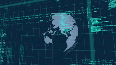 Digital globe animation over binary code and data visualization background Stock Footage 304404533