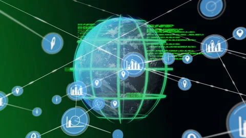 Digital globe appearing with flowing code, blue icons emerging, linking white Stock Footage 311085511