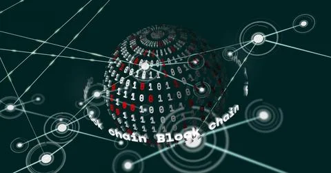 Digital globe appearing, rotating, Block chain band orbiting, nodes linking red Stock Illustration