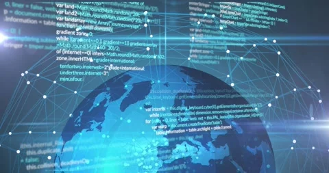 Digital globe appearing triggers network grid extending code scrolling Video stock 317486904