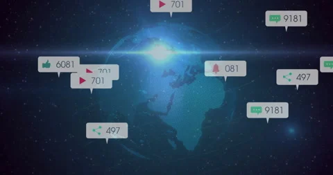 Digital globe being animated at center, bubble metrics orbiting around glowing Stock Footage 309144433