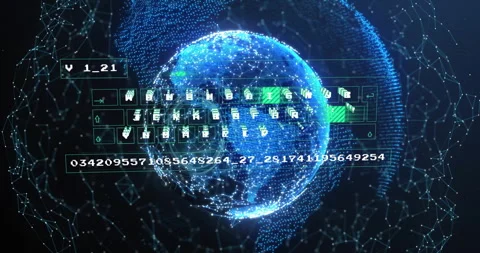 Digital globe with binary code and data processing animation overlay Stock Footage 303460404