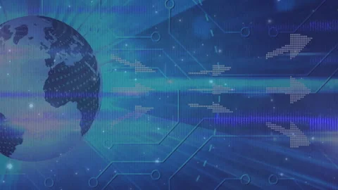 Digital globe with binary code and arrows over blue circuit pattern animation Stock Footage 305293215