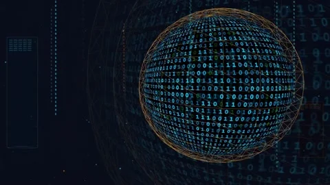 Digital Globe with Binary Code Data Stream and Glowing Network Connections on Stock Footage 336777711