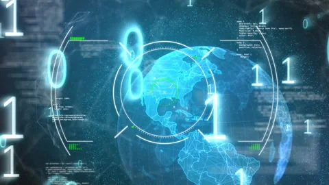 Digital globe with binary code processing data animation in blue background Stock Footage 304313046