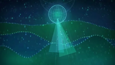 Digital Globe with Binary Code Streams and Glowing Data Waves on Dark Blue 動画素材 341817947