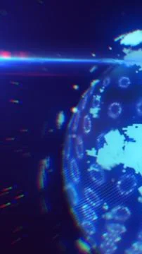 Digital globe with bright blue light rays and glitch effects, symbolizing tec Illustrazione stock