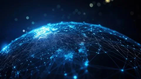 Digital globe with connected network lines and glowing dots representing global Stock Photos