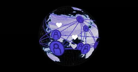 Digital globe connecting purple user icons with lines and hearts in digital Stock Photos