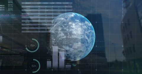 Digital globe with data charts and graphs overlaying Foto stock
