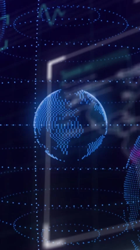Digital globe with data points and graphs, global network animation over Stock Footage 343505224