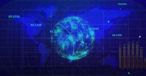 Digital globe with data points and bar graphs, financial data processing image 库存插图