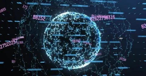 Digital globe with data points and numbers representing global finance network Stock Photos