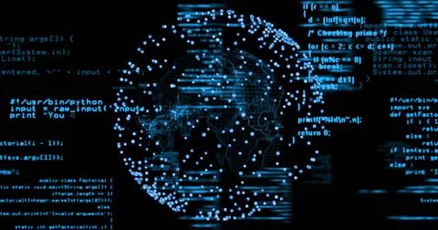 Digital globe with data points and programming code image Foto stock