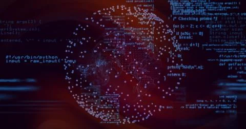 Digital globe with data points and coding image over dark red background Stock Photos