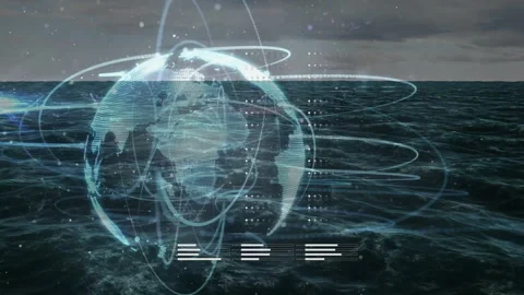 Digital globe with data processing animation over ocean waves Stock Footage 305133056