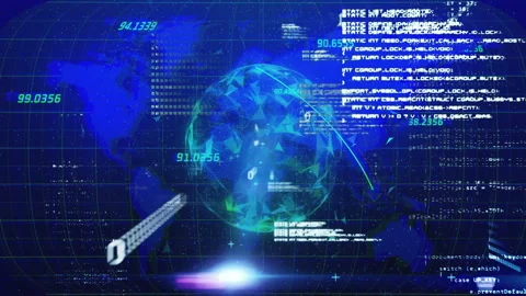 Digital globe with data processing animation over blue world map and binary code Stock Footage 305814614