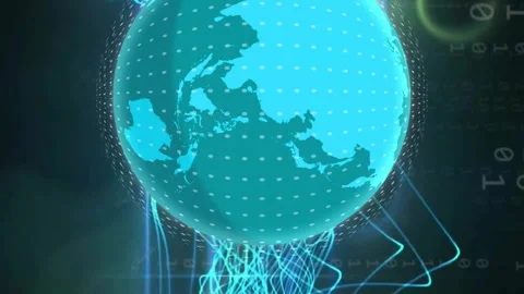 Digital globe with data waves and binary code, representing global network Stock Footage 312544996