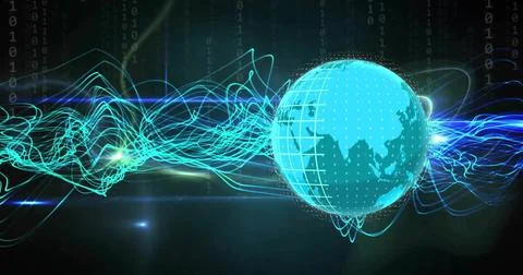 Digital globe with data waves and binary code, representing global network Stock Illustration