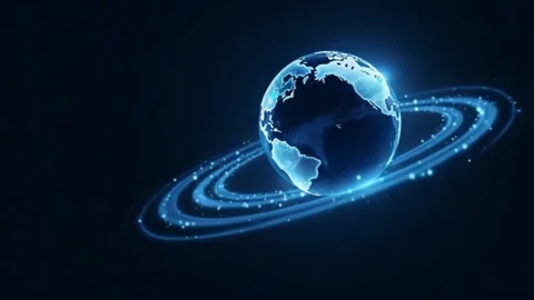 Digital globe displaying continents surrounded by glowing particle rings Stock Footage 318948621